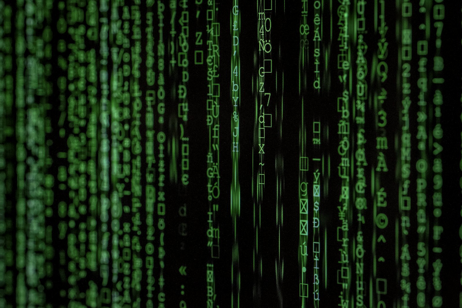 Streams of green data representing a protocol carrying information between systems